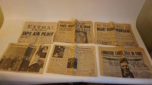 lot 52 image: WoW Vintage Headline Newspapers -St. Paul Dispatch(1945) -Minneapolis Star(1945) -Chicago Tribune(1939) -Seattle Post(1927)