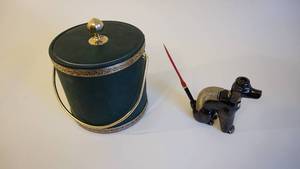 lot 58 image: Vintage Japan Figurine With Pen Tail-Vintage -Green Ice Bucket With Glass Insert Cover & Handle