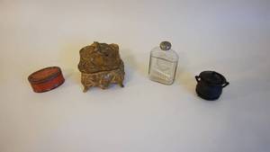 lot 60 image: Black Cast Iron Salesman Sample() Bean Pot  -Miniature Mellomints Tin  -1930s Perfume Bottle  -Art Nouveau Brass Jewelry Box