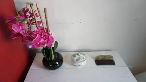 lot 85 image: Faux Orchid Plant -Vintage GlassesCase -Porcelain Covered Trinket