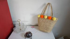 lot 90 image: Roger Silver Co. Roll Top AshtrayButter Dish -Mikasa Crystal Two Tier Serving Tray -Cute Straw Tote Bag -Vintage Dresser Scarf