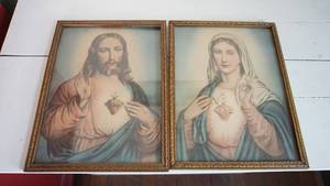 lot 92 image: Framed Antique Sacred Heart Picture Of Jesus & Mother Mary Picture--12 34  Tall   x  9 34 Wide