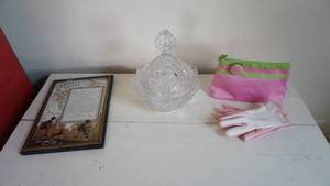 lot 95 image: Framed MOM Plaque-Crystal Handcut Bird Candy Dish-Pink & Celery Green Jazzed Hand Woven Silk Coin Purse-Ladies Pink & White Dress Gloves