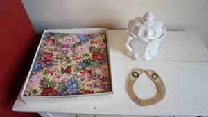 lot 97 image: Vintage Floral Hallmark Scrap Book--Antique Pearl Beaded Collar-Milk Glass Covered Sugar Bowl