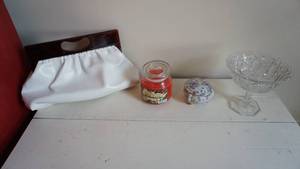 lot 98 image: Vintage Clutch Purse-Scented Candle-Glass Pedestal Compote-Porcelain Trinket wLid