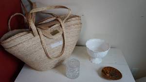 lot 99 image: Straw Tote Bags -Squirrel Pottery Tray- Hand Cut Lead Crystal Candy Dish With Cover-Milk Glass Compote