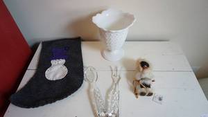 lot 100 image: Crystal Salad Fork & Spoon -Milk Glass Vase -Alaska Eskimo Doll