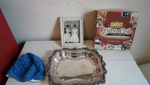 lot 101 image: Vintage Wedding Picture-Master Edition Reminiscing Game-Silver Serving Dish-Blue Rubber Swimmers Cap