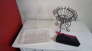 lot 102 image: Crystal Relish Dish -Clear Plastic Display Bins -Wrought Iron Plant Stand-Coin Purse