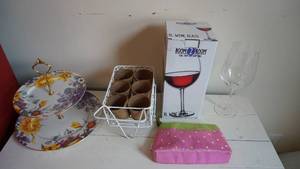 lot 103 image: Tiered Serving Tray -Flower Cart -Coin Purse -XL Wine Glass