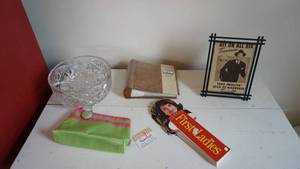 lot 105 image: Vintage Footed Crystal Bowl -Suede Photo Album -Milk of Magnesia Advertisement -Clutch Purse -First Ladys Collection