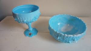 lot 112 image: Fenton Blue Slag CompoteFenton Blue Slag Bowl With Cabbage Rose