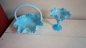 lot 113 image: Fenton Blue Slag CompoteFenton Blue Slag Basket With Cabbage Rose