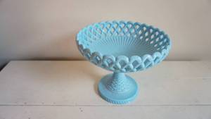 lot 114 image: Victorian Challinor & Taylor Blue Milk Glass Compote Basketweave and Lace