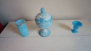 lot 115 image: Turquoise Blue Slag Compote With Lid-Turquoise Flower Vase-Turquoise Blue Urn Vase