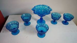 lot 116 image: Blue Pedestal Candy Dish-Five Pedestal Dessert Glasses