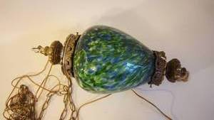 lot 133 image: MCM Brass and BlueGreen Glass Hanging Electric Lamp w Pull Chain Tassel