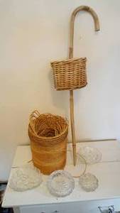lot 138 image: Cool Vintage Roll Of Twine -Cane With Wicker Basket Attached -Crystal BowlsAshtrays