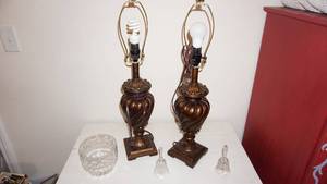 lot 139 image: Two Small Crystal Bells-Crystal Bowl-Two Matching Copper Lamps--No Shades