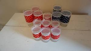 lot 150 image: Ten Libbey Glasses With White Dots On Red Trim-Three Glasses With White Dots On Blue Trim