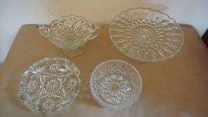 lot 151 image: Four Glass Items-Pedestal Cake Plate-Relish Tray-Serving Bowl-Gravy Boat