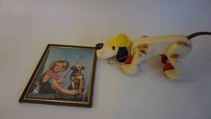 lot 162 image: Vintage Romper Room Digger the Hound Dog Pull Toy -Vintage Framed Picture of Boy Fishing & His Dog