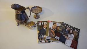 lot 167 image: Antique Silver Water PitcherSugar BowlPedestal Candy Dish -Lot of Three Royal Wedding Magazines