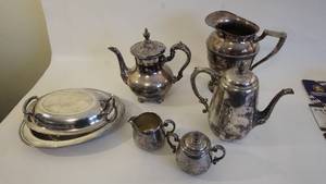 lot 226 image: Vintage Old English Tea Pots-Silver--Silver Plate Regal Water Pitcher-- Three Piece Set Of Rogers Tea Set