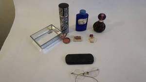 lot 227 image: Perfume Lot Of Four-- Vintage Eye Glasses In Case--Cut Glass Container For Trinkets, Etc.