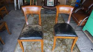 lot 258 image: Vintage Ethan Allen Chairs with Tacked Leather Seats -Set of Two