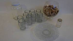 lot 261 image: Nine Heavy Glass Beer Mugs -Gallon Jar With Lid -Crystal Platter -Fish Bowl with Wine Corks