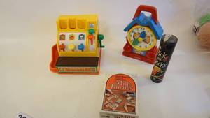 lot 268 image: Fisher Price Cash Register -1994 Fisher Price Musical Wind Up Clock -Mille Bornes French Card Game -PickUp Sticks