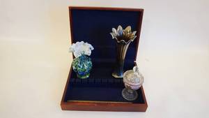 lot 284 image: Fenton Art Glass Murrhina Vase 8  -Carnival Glass Vase 12 -Jeanette() Glass Covered Candy Dish -12 Wooden Ruler -Velvet-Lined Silverware Case