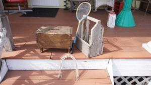 lot 313 image: Antique Wooden Stool -Badminton Racket -Wood Carrying Tote