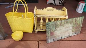 lot 319 image: Yellow Picnic Tote w Plastic Bowls, Glasses & Silverware-Antique Yellow Magazine Rack