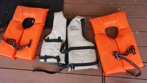 lot 323 image: Two Orange Life Jackets-One White Kent Pro Fisherman Life Jacket