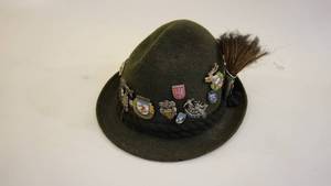 lot 358 image: Very Cool Antique Wool German() Bavarian Hat w Multiple German PinsButtons -Some Olympic