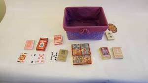 lot 359 image: Basket w Multiple Vintage Deck of Cards