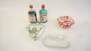lot 370 image: Orange Swirl 6 Porcelain Covered Pot -Hand Painted Ashtray Italy -Mrs. Stewarts Bluing -Covered Butter MINT