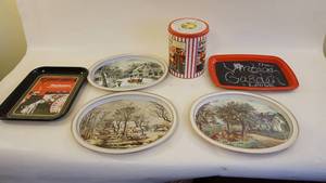 lot 376 image: Budweiser and Currier & Ives Metal Serving Trays  -Saturday Evening Post Covered Tin