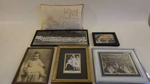 lot 381 image: Framed Antique Portraits -Girls Camp Framed Picture -Deedle Deedle Dumpling & Mary Mary Quite Contrary Cross-Sticthed Pillow