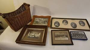 lot 382 image: Framed Antique PortraitsPictures -Vintage Wicker Basket