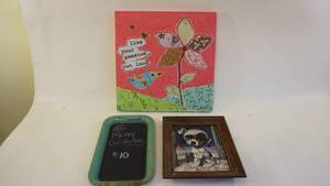 lot 387 image: 11x13 Sad Eyes Puppy Print -18x18 Canvas Art -Metal Chalkboard Tray