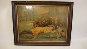 lot 388 image: 20x26 Antique Framed Picture Girl Laying in Flower Garden with Her Dog -By Major Knapp & Co. New York