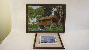 lot 391 image: Covered Bridge Oil Painting By H.Heitz 21x28  -Venice Print 15x18