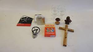 lot 399 image: Crucifix Of Jesus On The Cross (Zebrawood--From Africa)-Car Talk Puzzler Deck-Chefmate Beer Can Chicken Roaster-Lucky Lease Flask