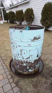 lot 411 image: Vintage Rotating Feeder Barrell Used For OPEN and CLOSED Sign -44 Tall and 30 Diameter Barrel -39 Base Metal Tray