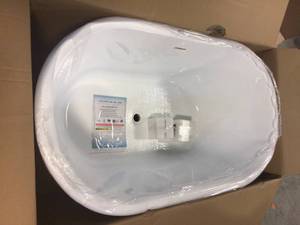 lot 8 image: Municipality 54 in. Acrylic FlatBottom Double Ended Bathtub with Matte Black Overflow and Drain Included in White by WOODBRIDGE Customer Returns See Pictures