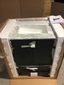 lot 40 image: Merryfield 31 in. W x 22 in. D x 35 in. H Bathroom Vanity in Antigua Green with Carrara White Marble Top by Home Decorators Collection Customer Returns See Pictures