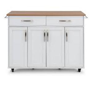 HOMESTYLES Brookshire White Kitchen Cart with Natural Wood Top